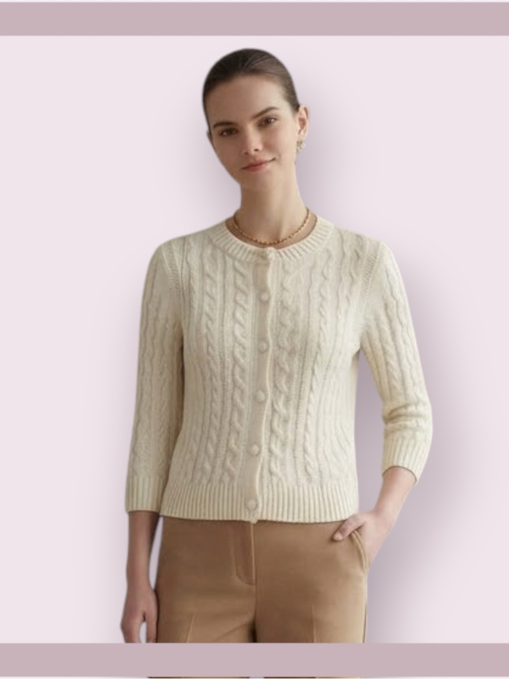 Bohme Classic Cream Cable Knit Crewneck Cardigan